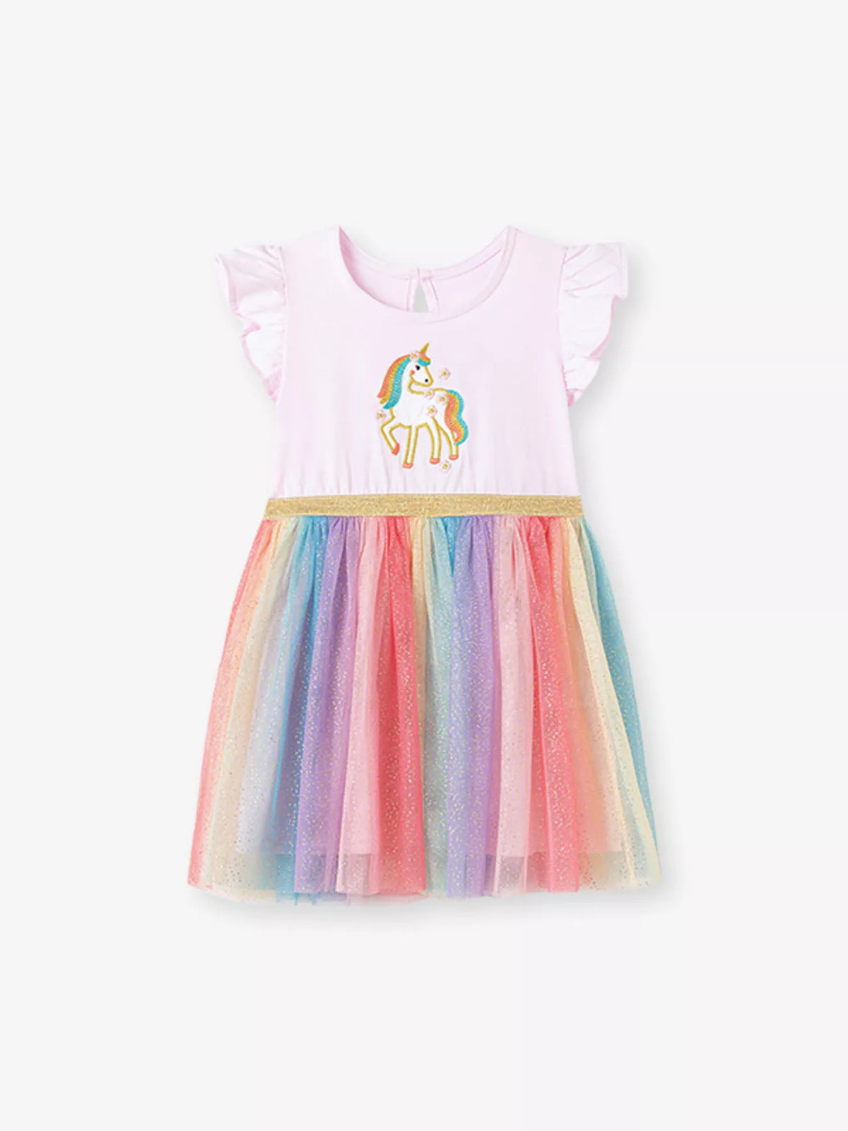 Pale pink unicorn dress with a rainbow tulle skirt laid flat