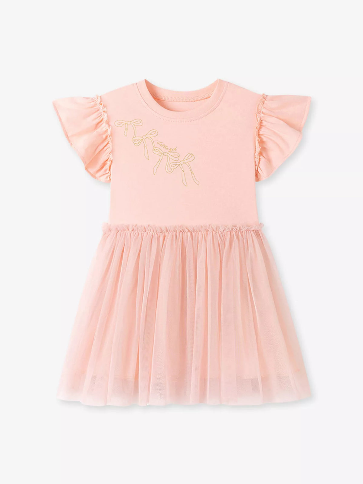 Peach bow-motif ruffle-sleeve dress with a tulle skirt laid flat