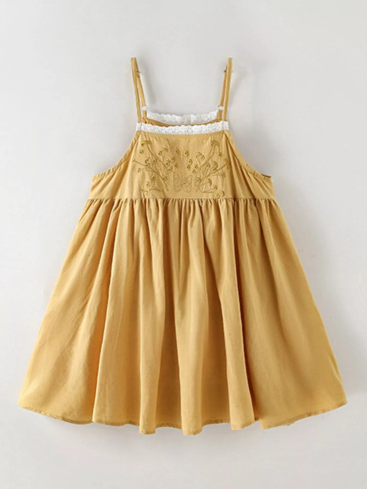 Mustard embroidered strappy dress with lace trim laid flat