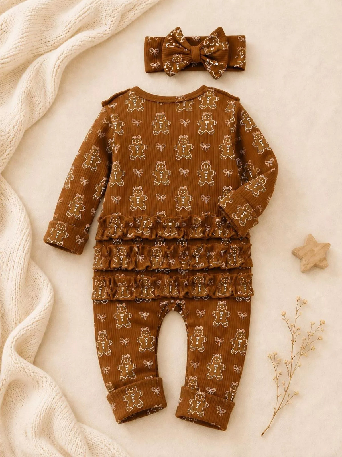 Back of the gingerbread-print jumpsuit with headband