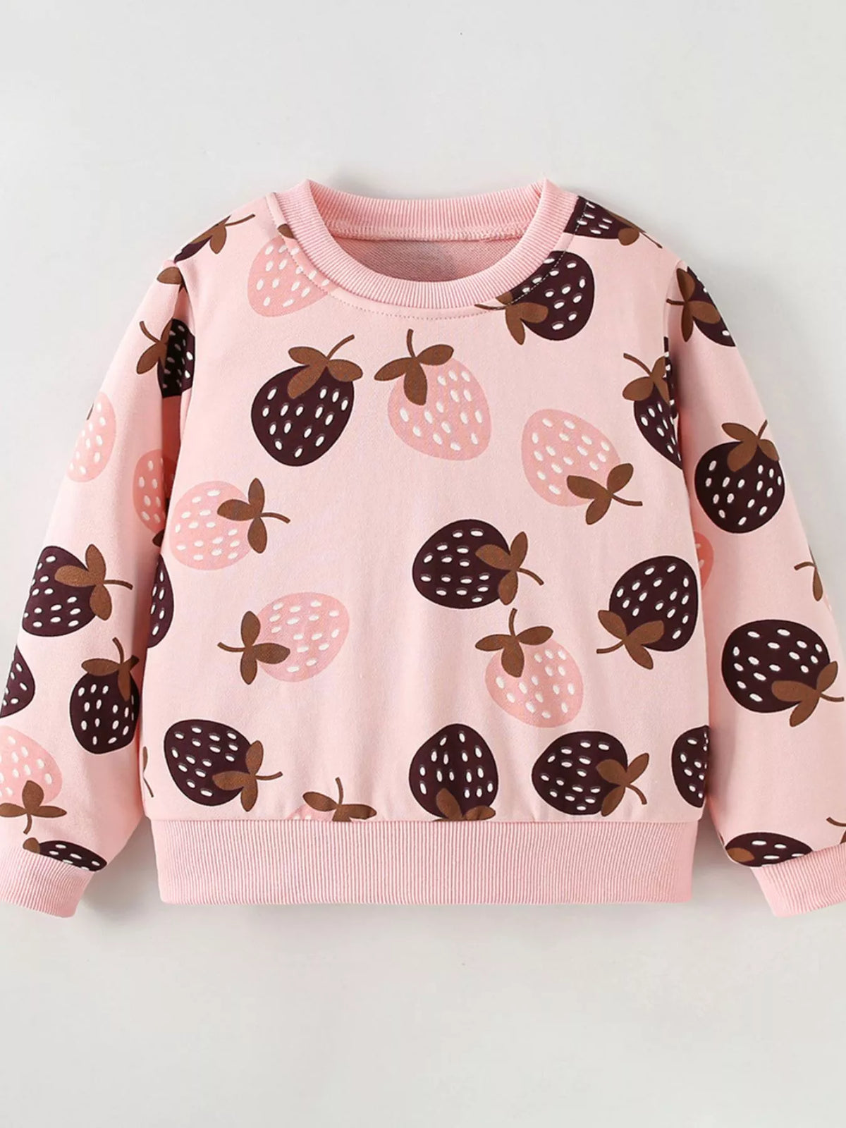 Pink strawberry-print crewneck sweatshirt laid flat