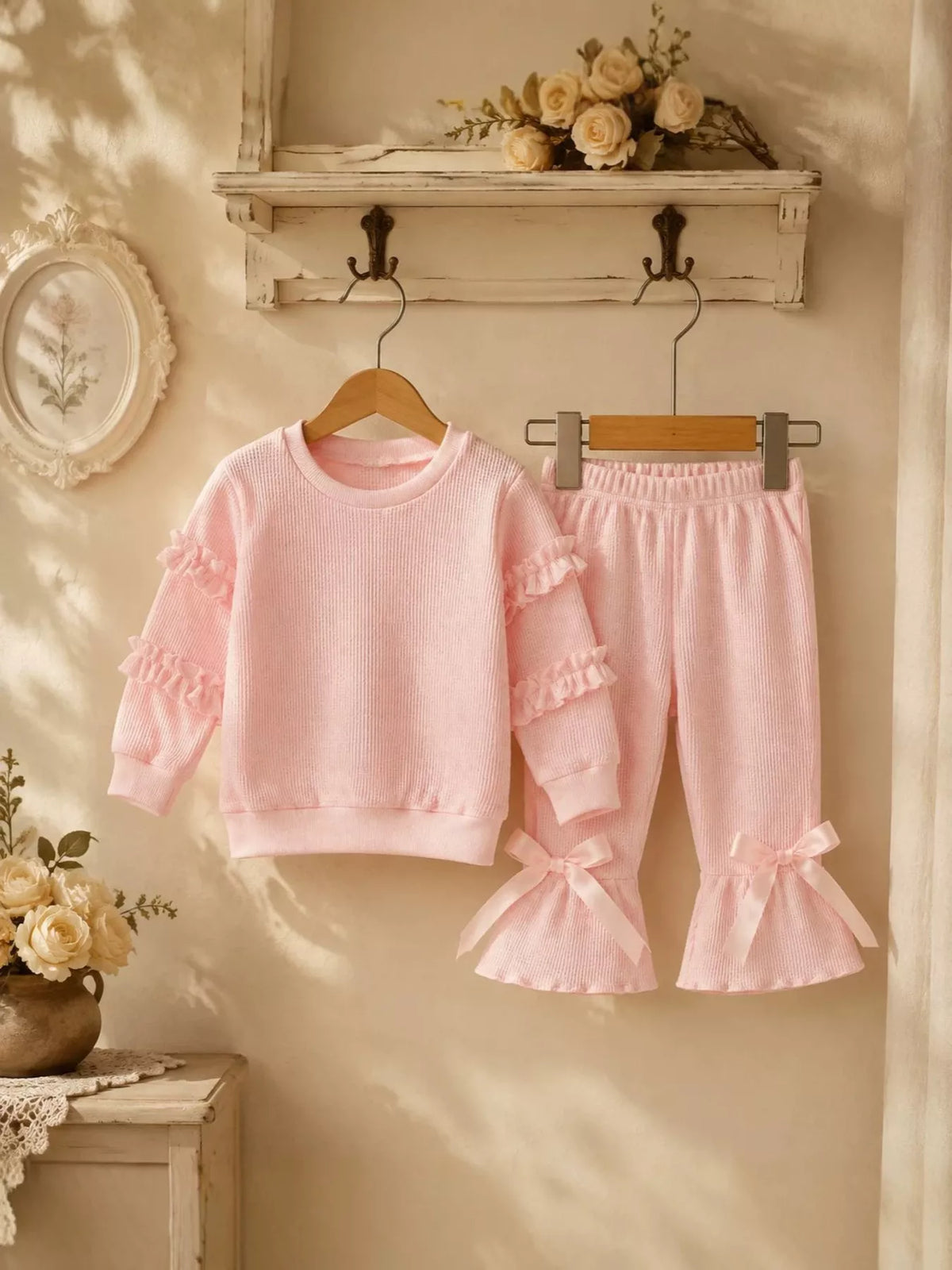 Pink ruffle-sleeve top and bow flares on hangers