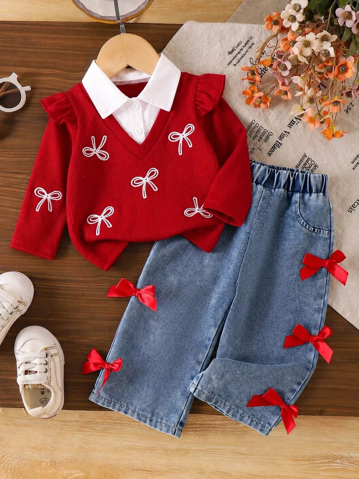 Red Bow Sweater and Jeans Set — sweater and jeans front flat lay