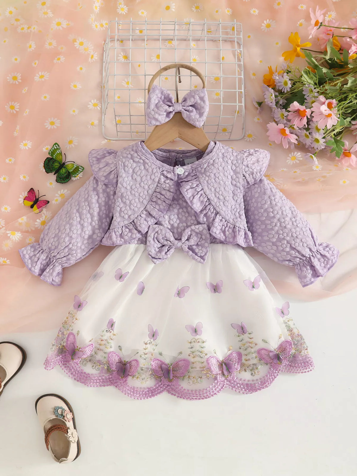 Floral butterfly dress cardigan and headband set — lavender outfit front