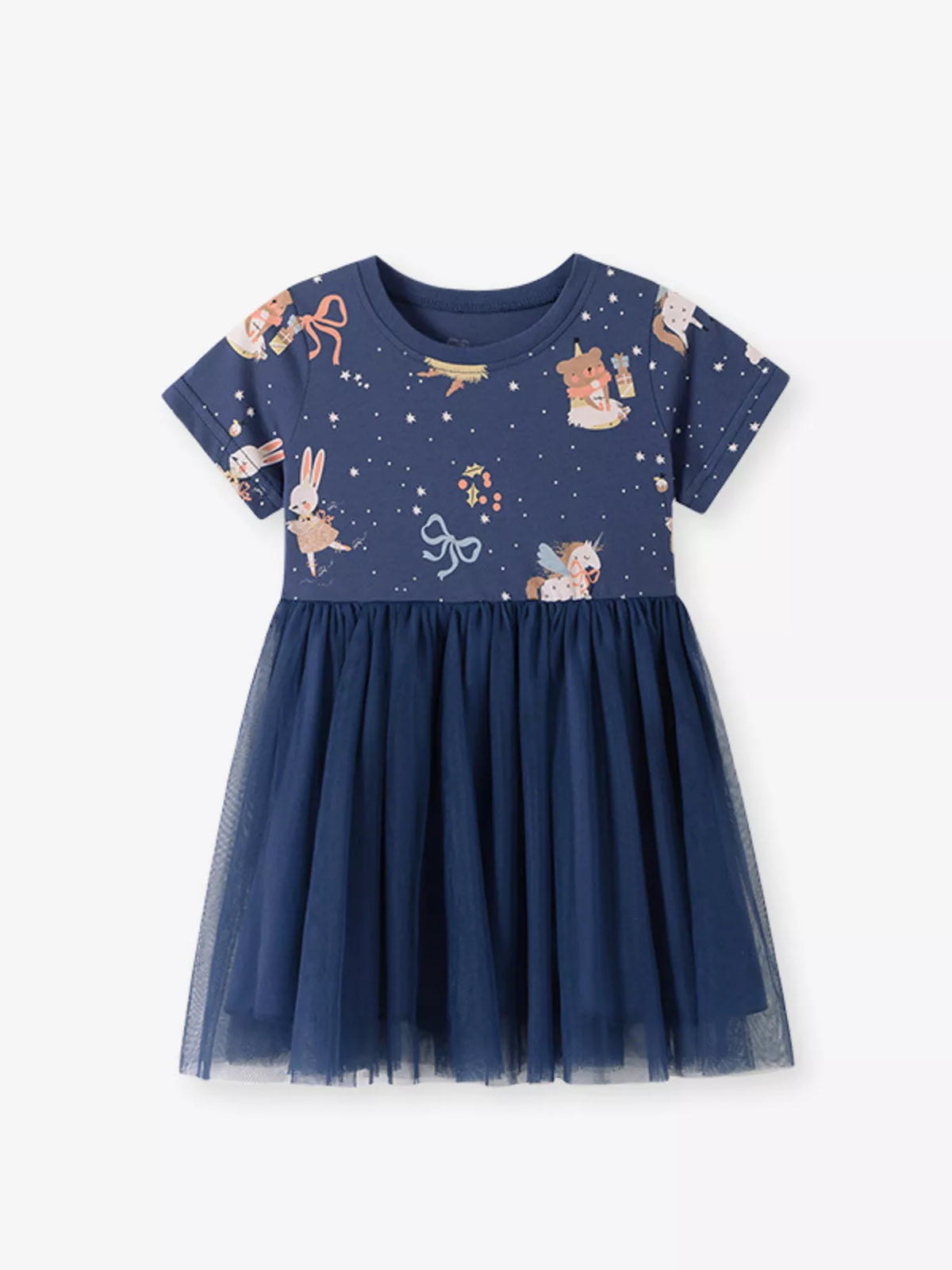 Navy cartoon-bear dress with a tulle skirt laid flat