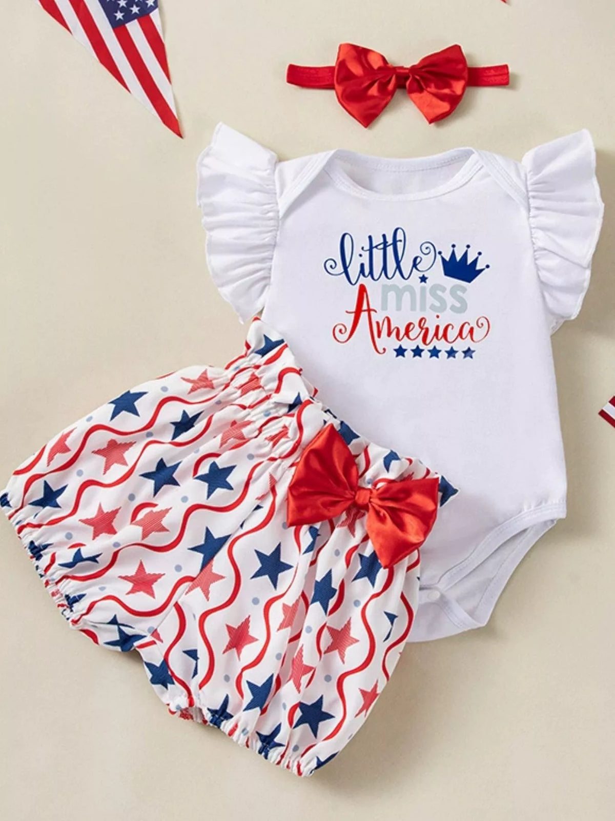 Baby Fourth of July Three-Piece Outfit Set — Little Miss America set flat lay