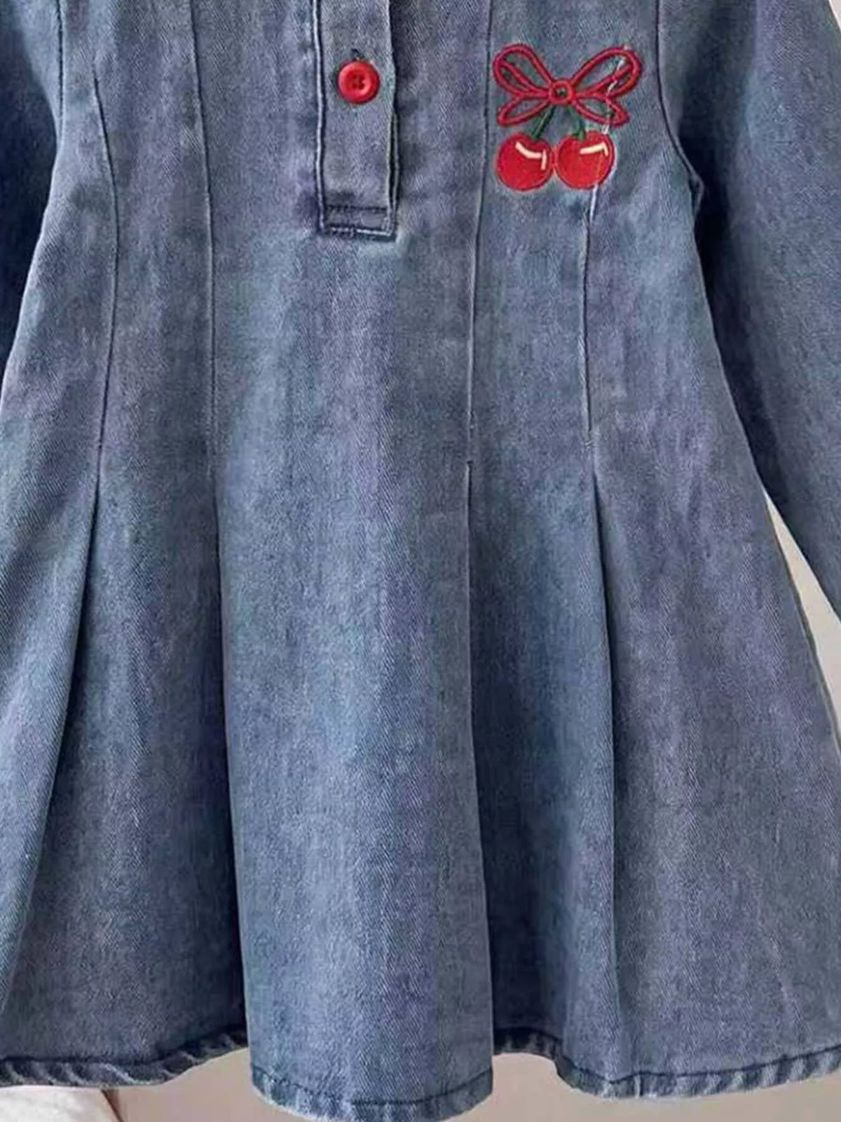 Cherry Embroidered Polo Dress — button placket and pleated skirt detail