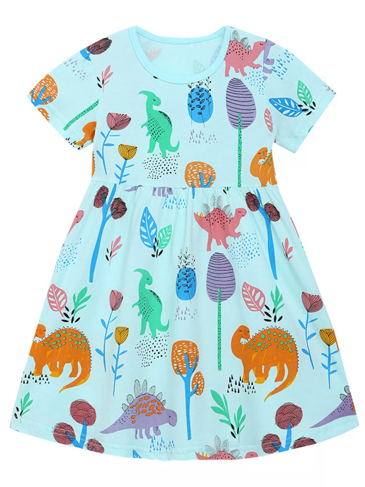 Aqua Dinosaur Print A-Line Dress — front view