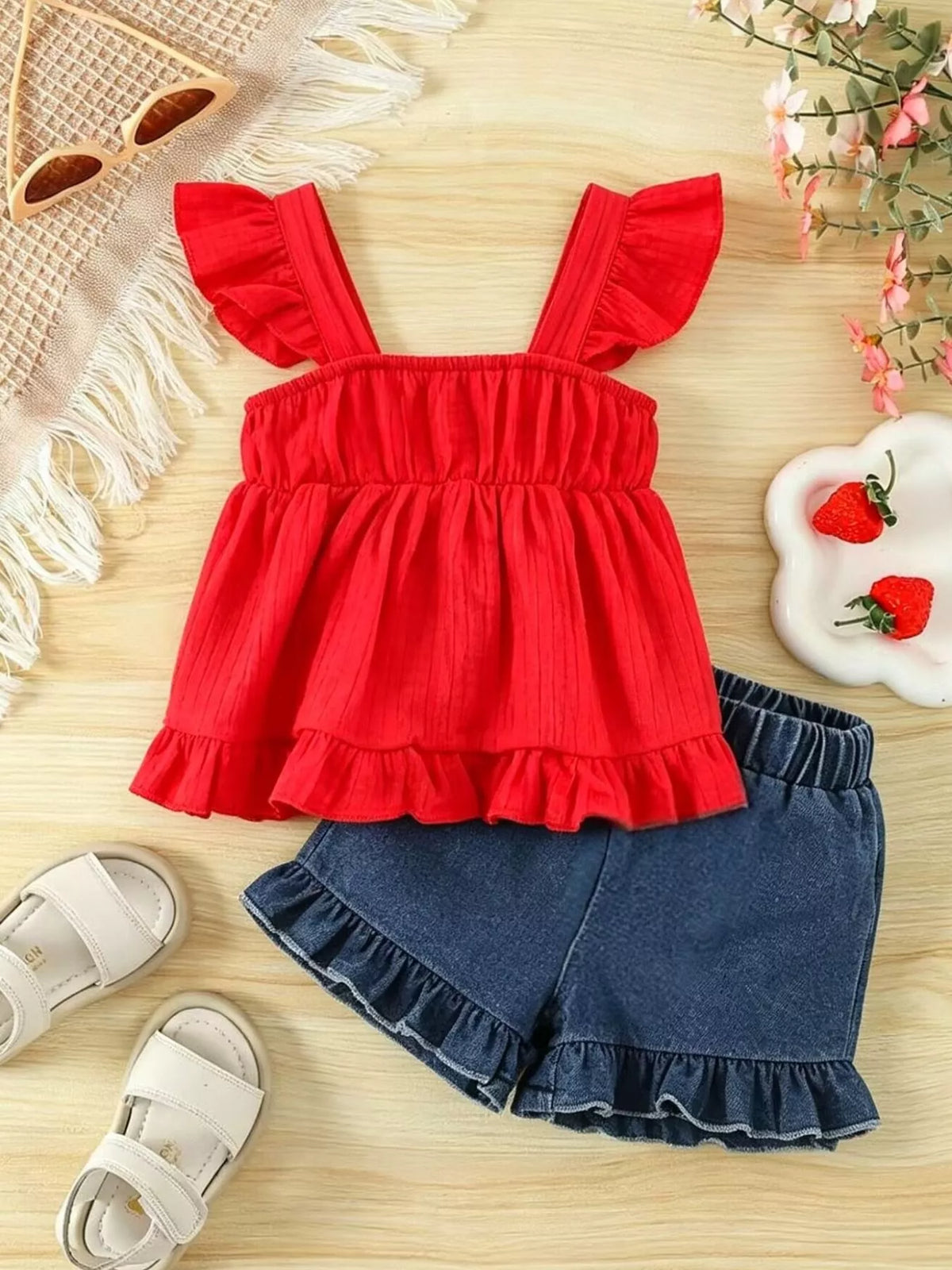 Back of the red top and denim shorts