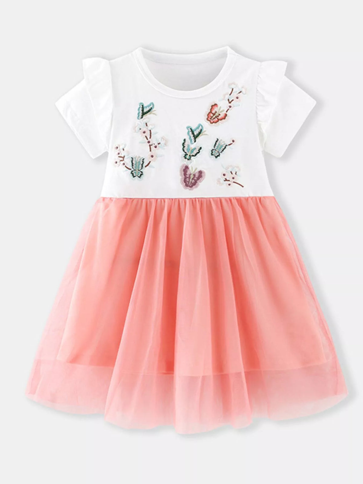 Butterfly Embroidered Coral Tulle Dress — front view