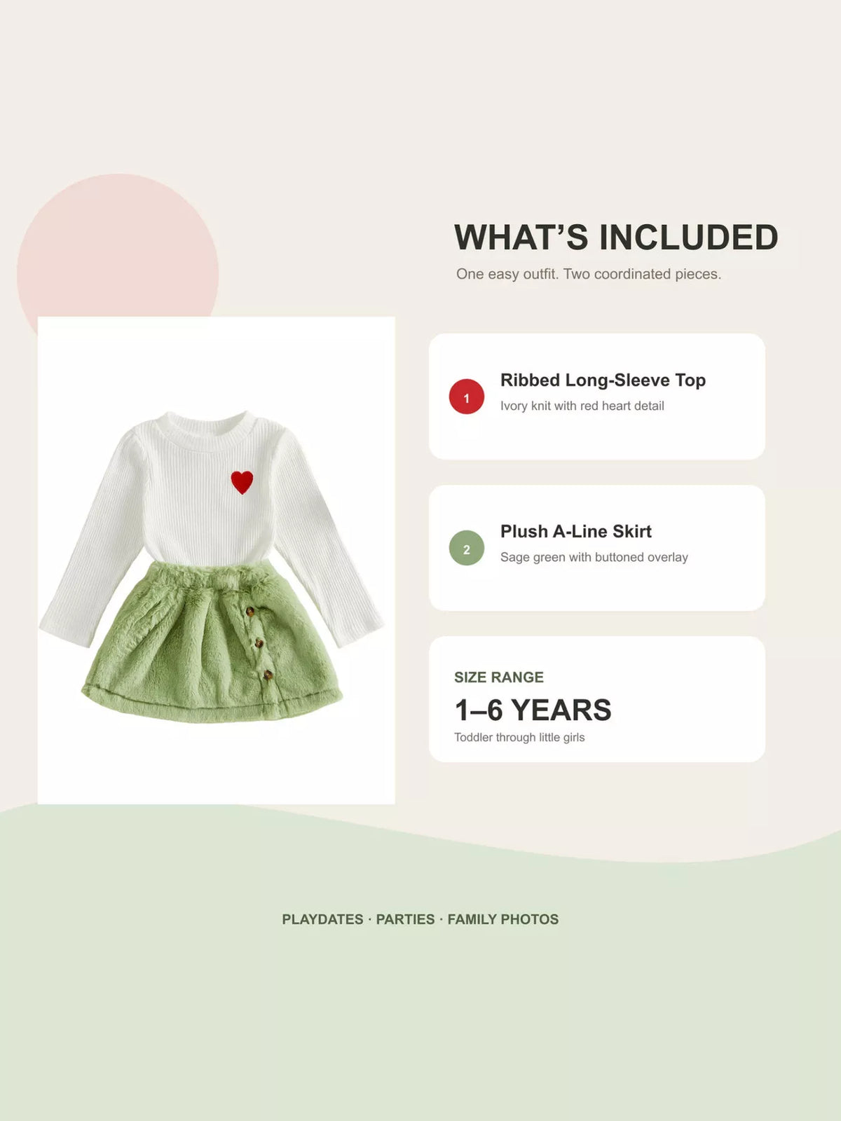 Product information card showing the white heart top and green buttoned skirt