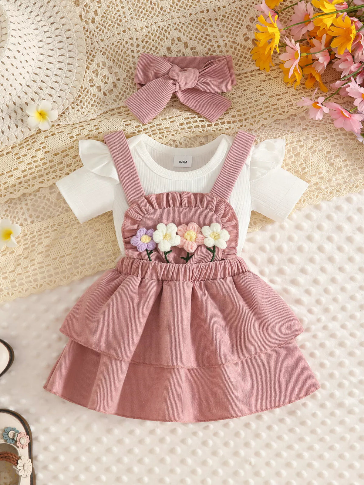 Ribbed floral overall dress and white top set with bow headband — pink outfit front