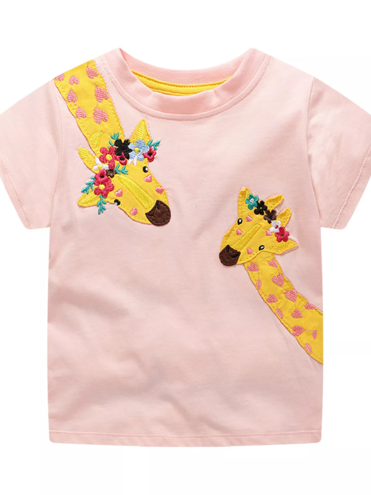 Pink floral giraffe applique shirt — front