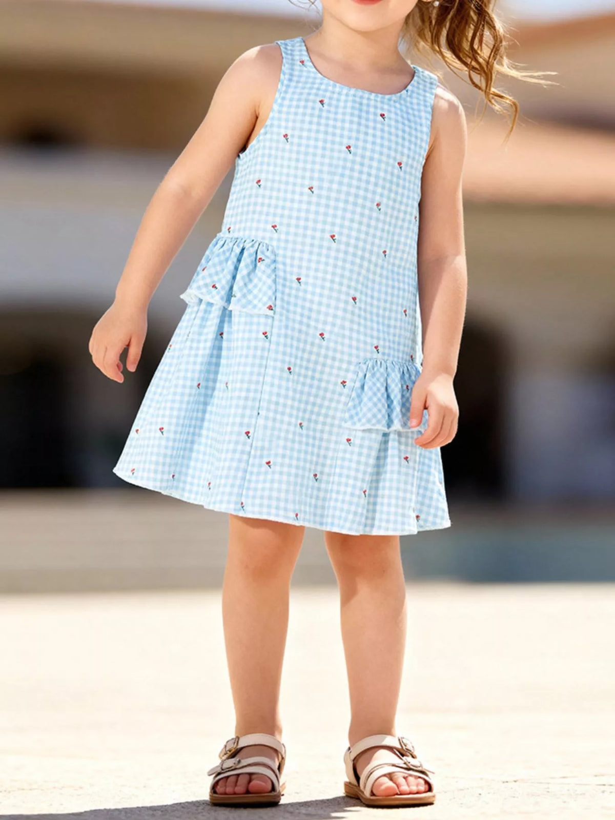 Blue Gingham Asymmetric Ruffle Dress — dress worn by a child