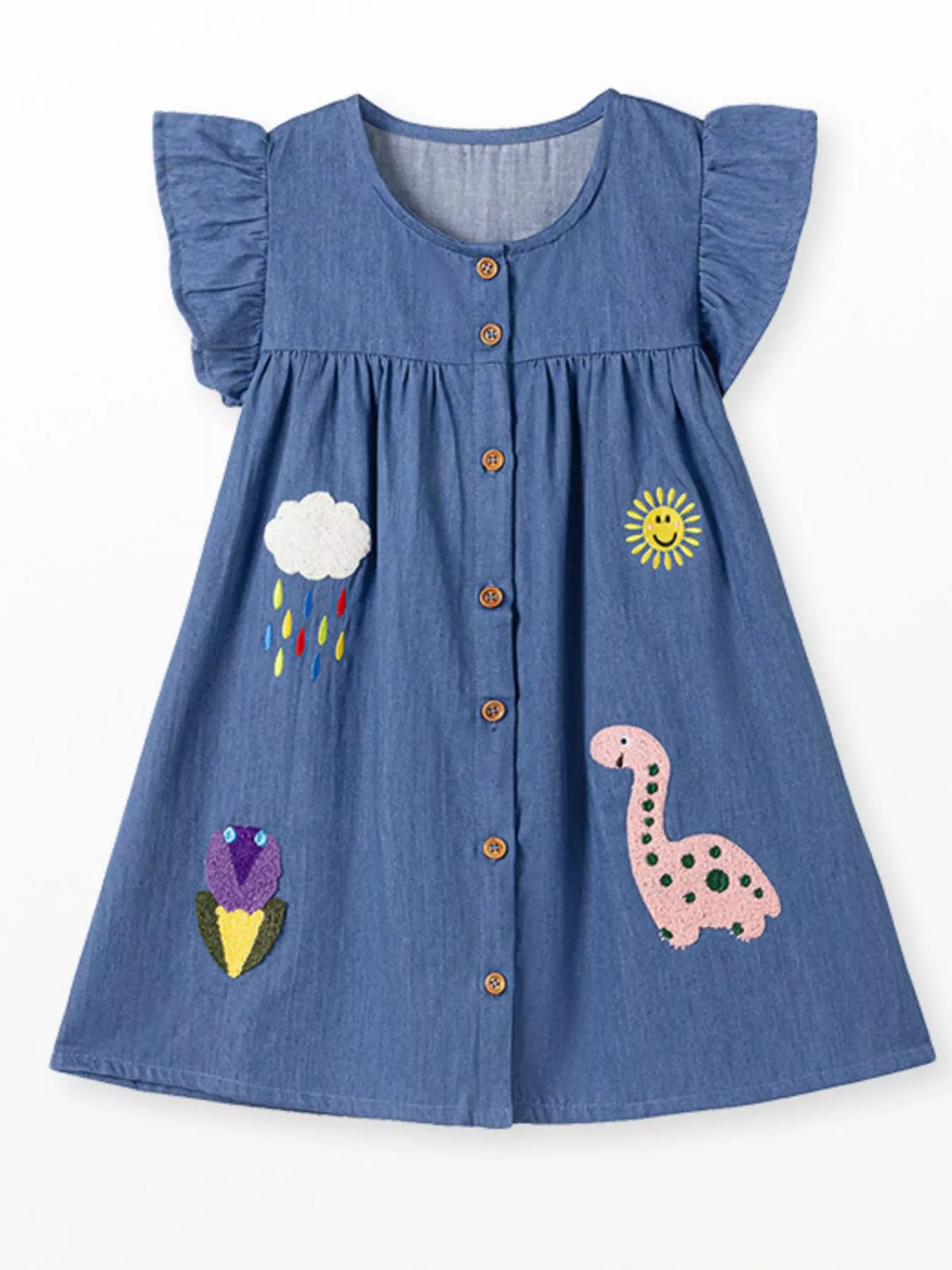 Pink Dinosaur Embroidered Denim Dress — front flat lay