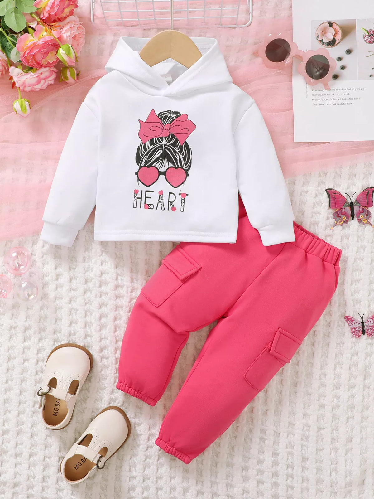 Heart Graphic Hoodie and Cargo Pants Set — hoodie and cargo pants front flat lay