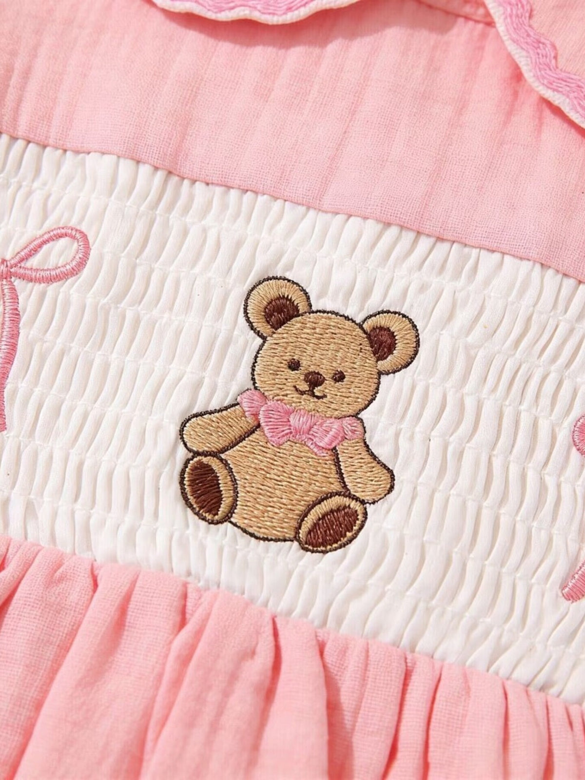 Baby Bear Embroidered Smocked Dress — bear embroidery close-up