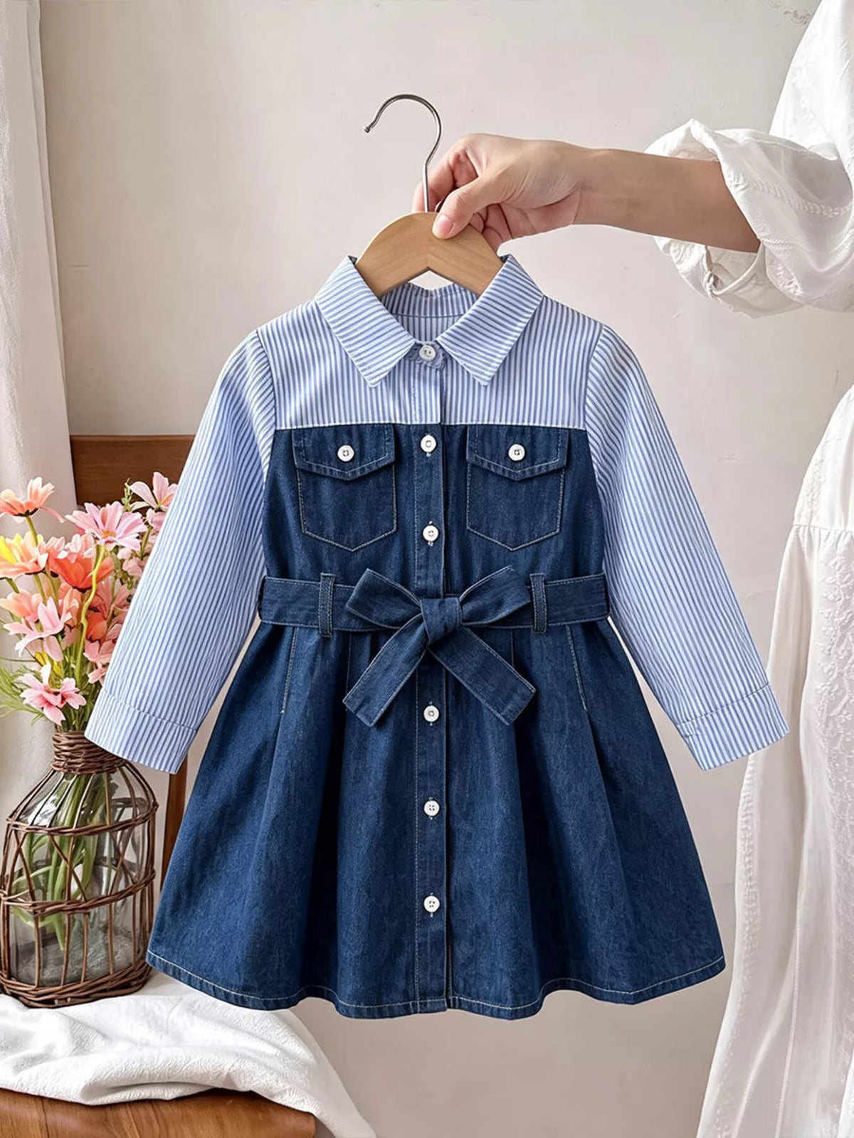 Striped Denim Shirt Dress with Belt — front hanging view