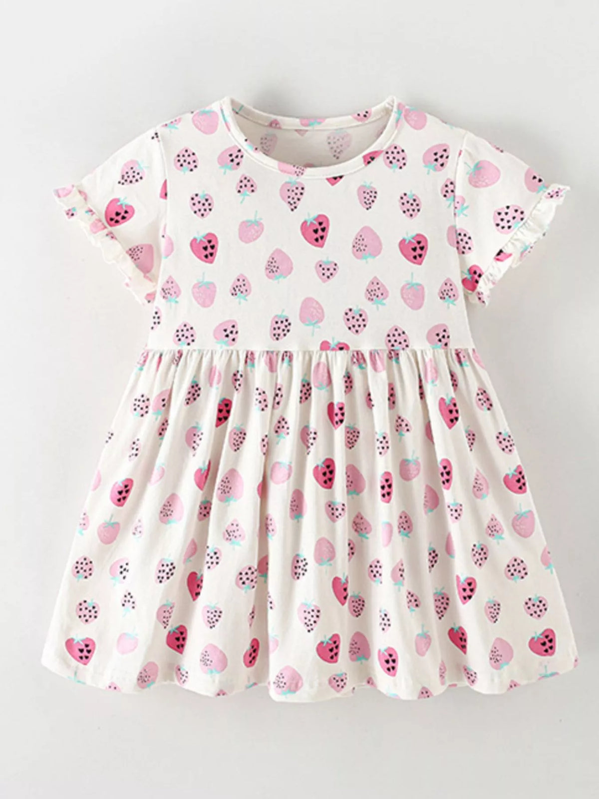 Cream strawberry print ruffle sleeve dress — dress front laid flat