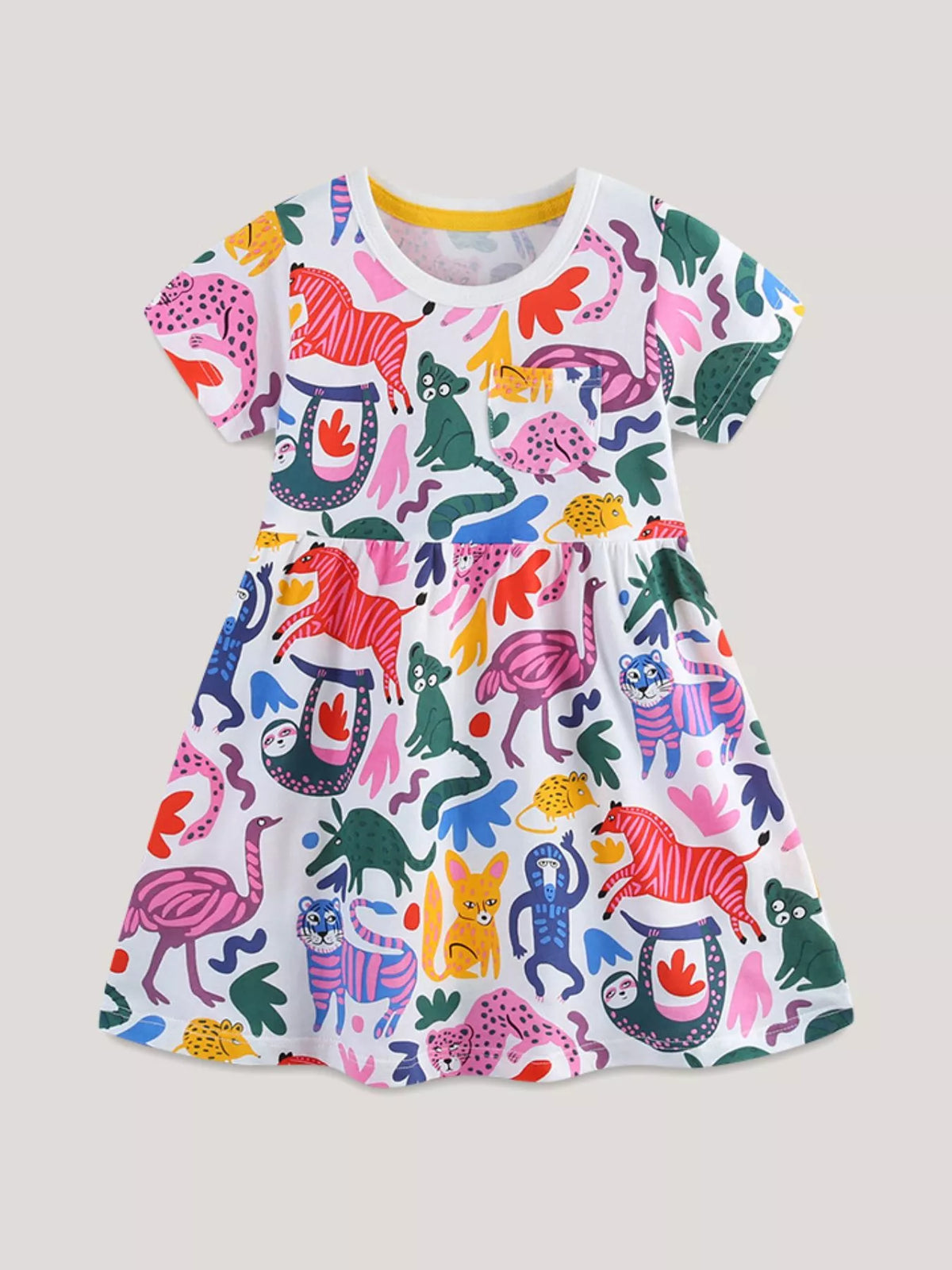 White short-sleeve dress with colorful animal motifs laid flat