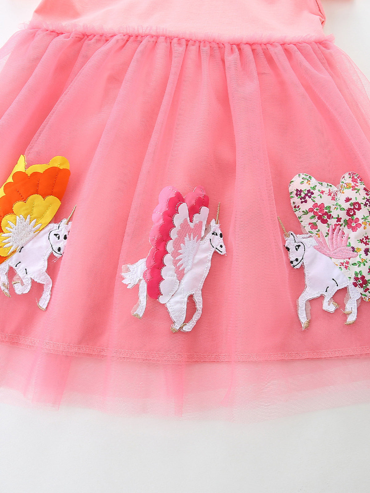 Pink Unicorn Hem Applique Tulle Dress — unicorn appliques on skirt