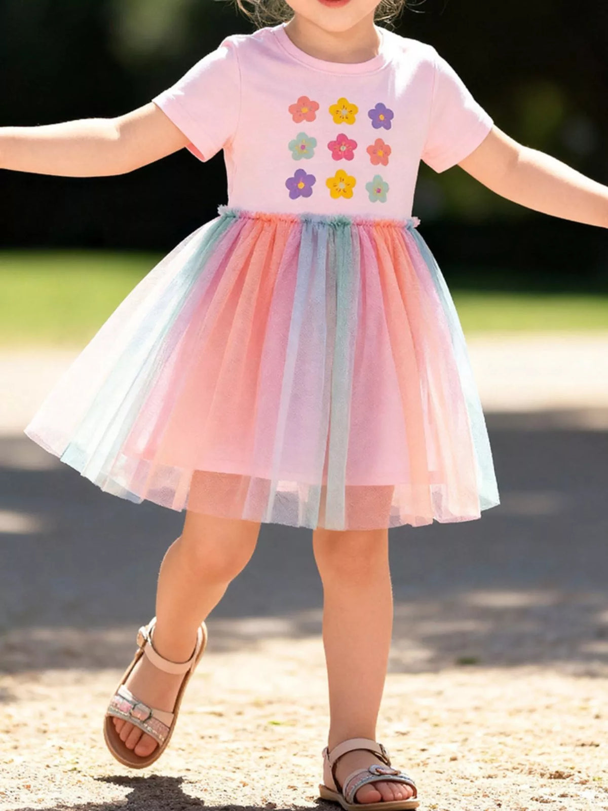 Flower Graphic Rainbow Tulle Dress — dress worn by a child