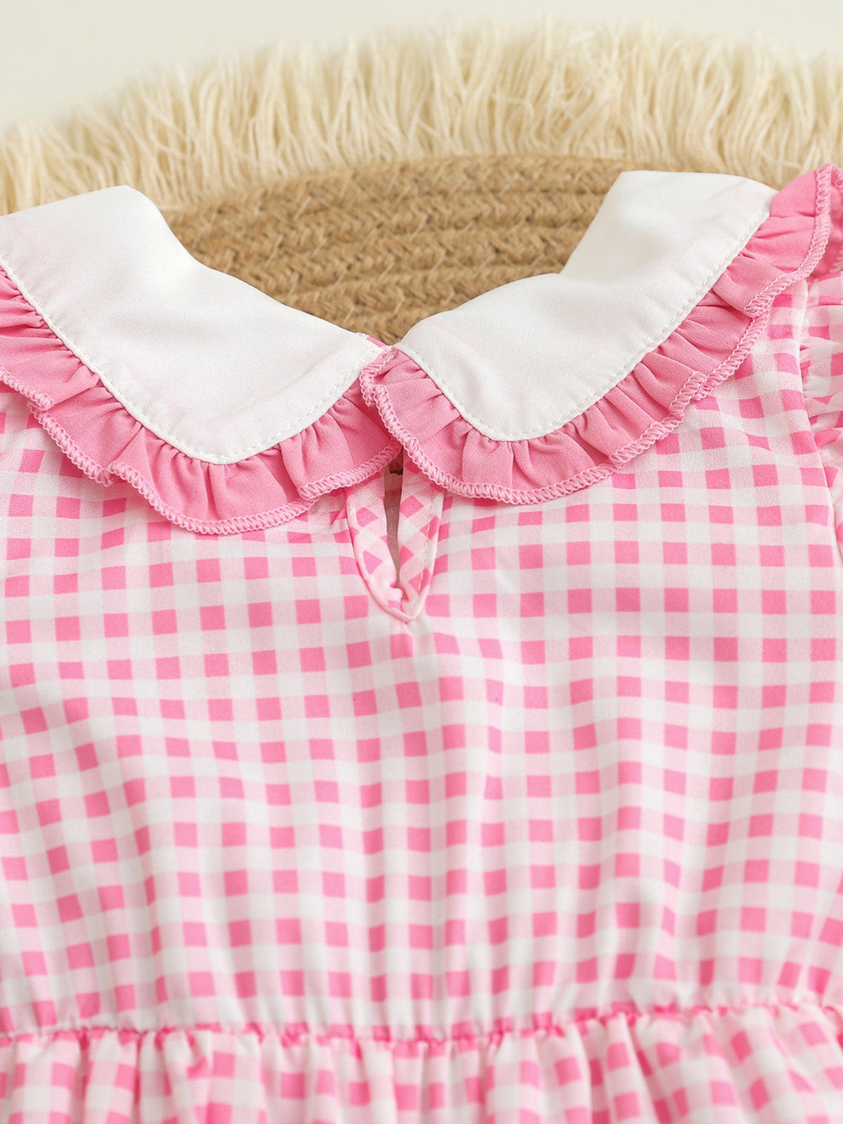 Baby Gingham Embroidered Romper — back collar and button detail
