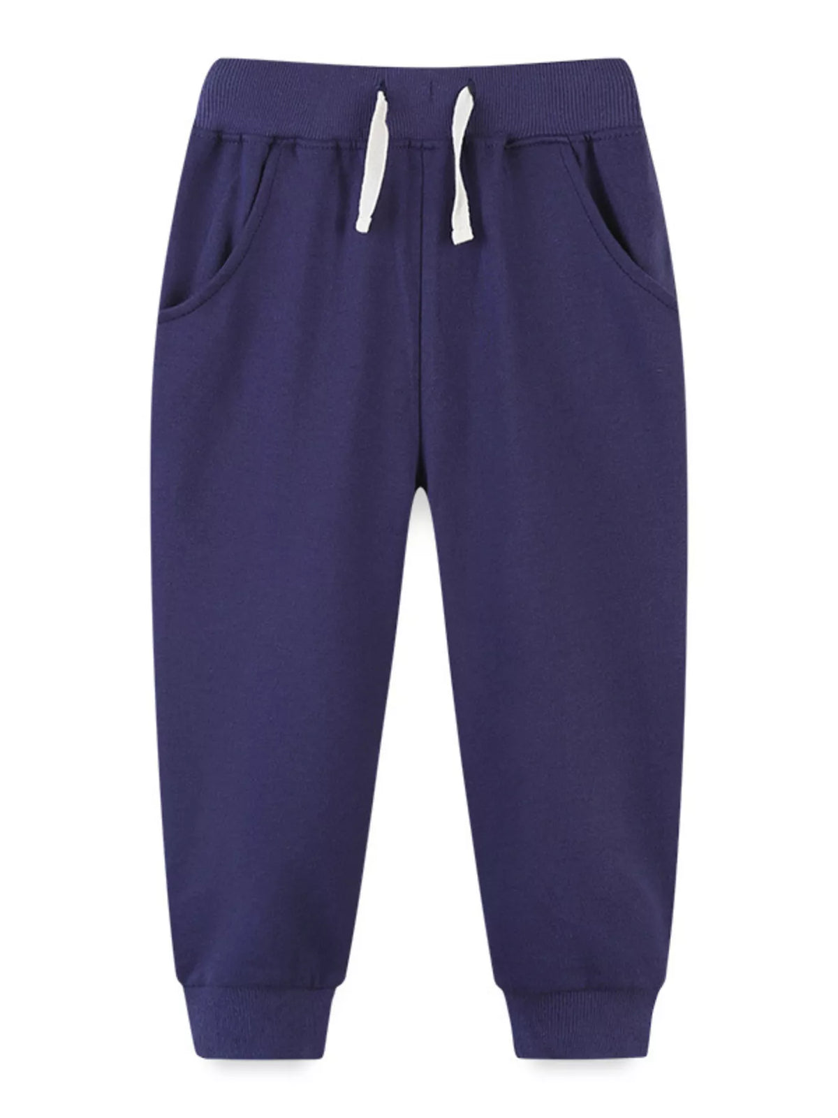 Navy drawstring joggers laid flat