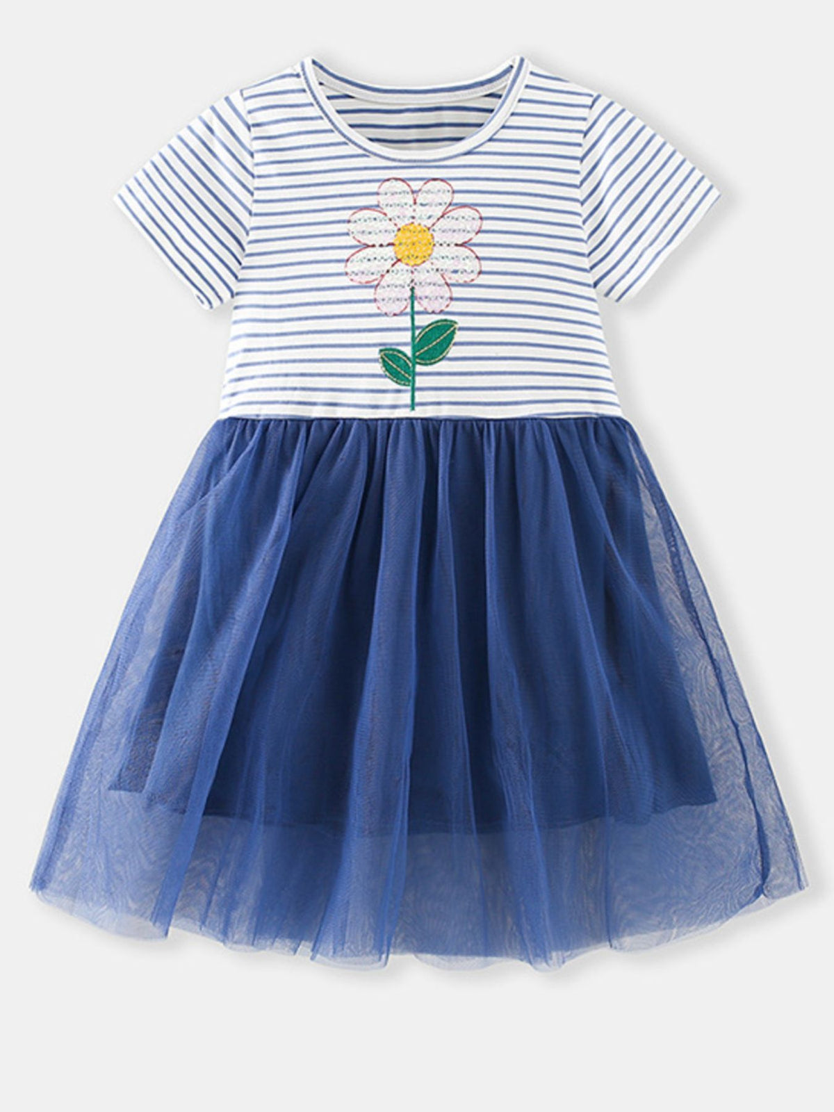 Striped Daisy Navy Tulle Dress — front view