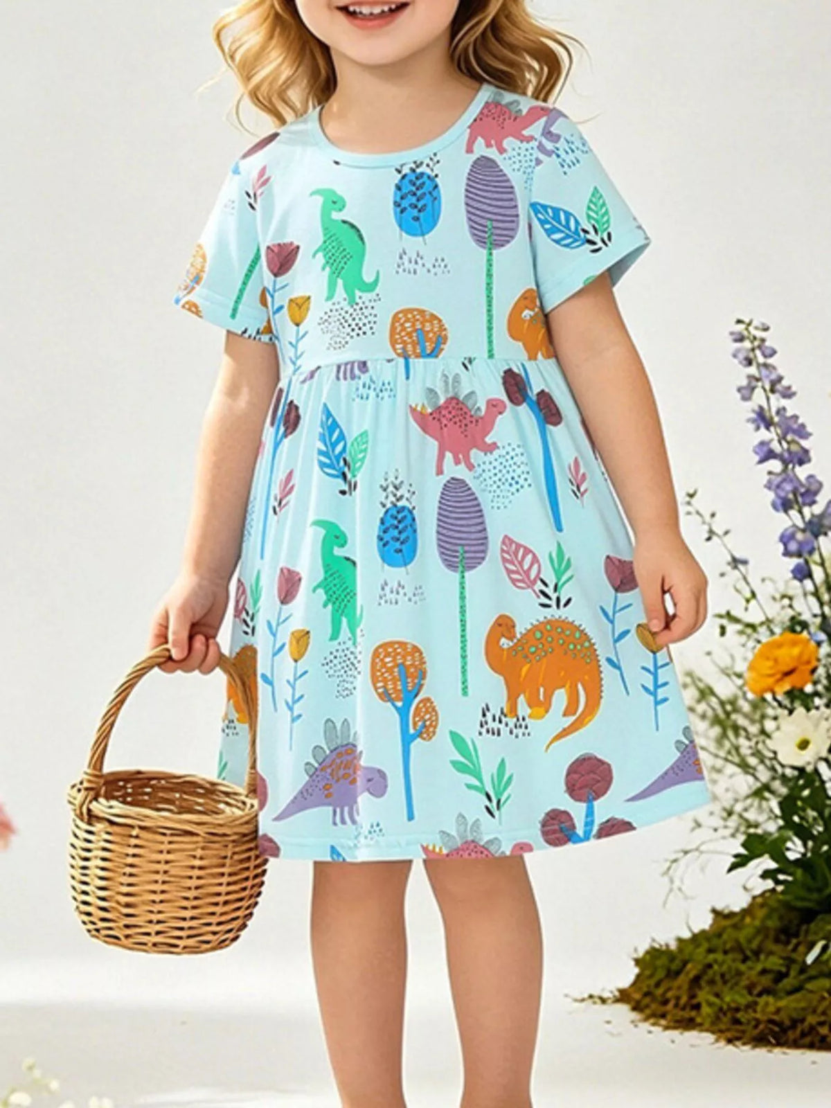 Aqua Dinosaur Print A-Line Dress — dress worn by a child