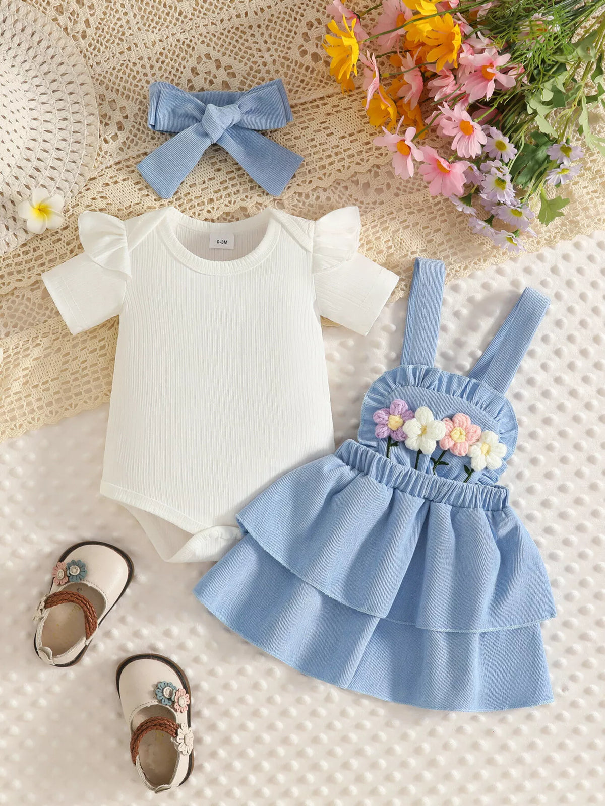 Ribbed floral overall dress and white top set with bow headband — blue dress and white top separated