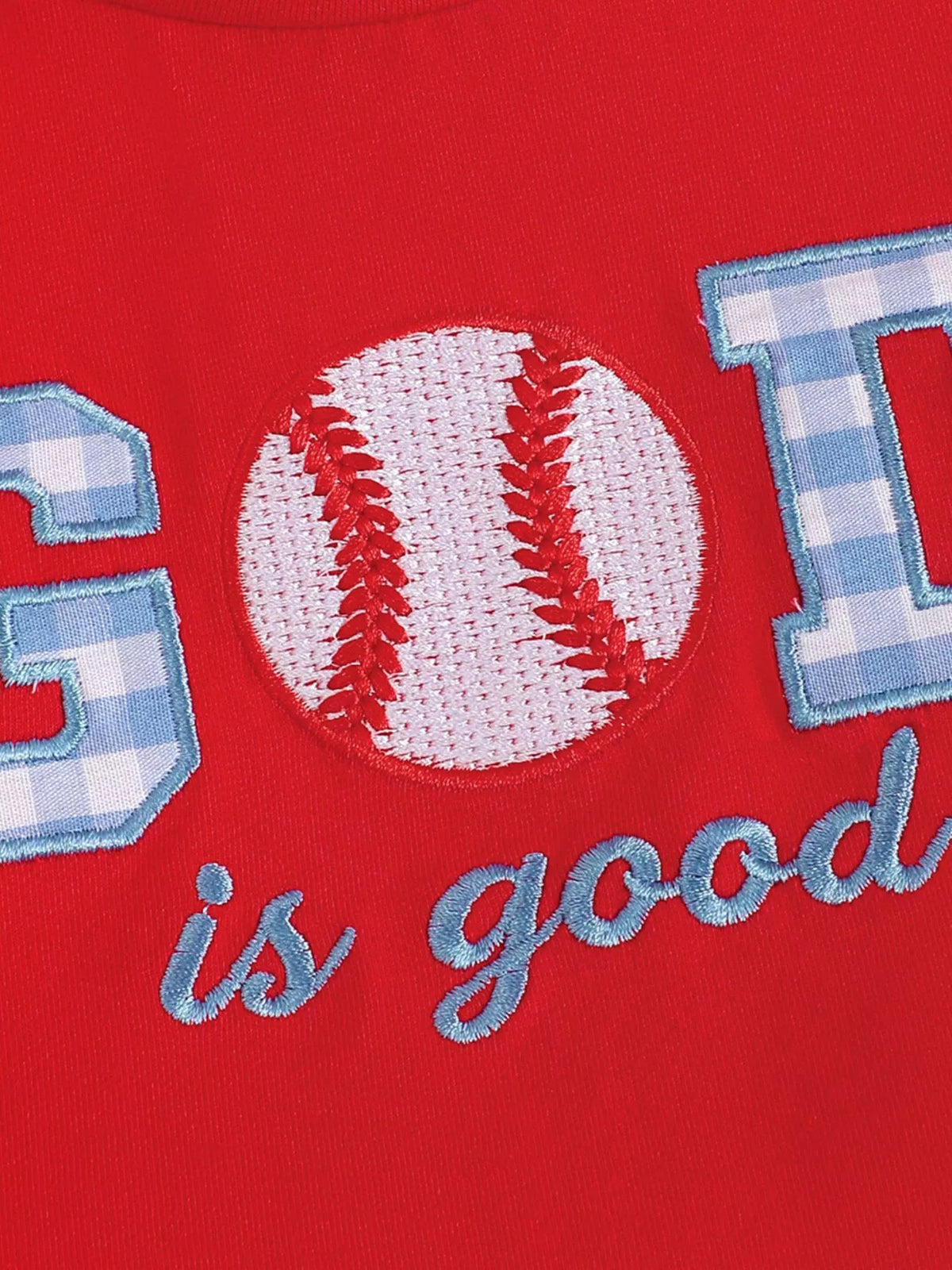 Red God is good baseball tee and gingham shorts — baseball and god is good embroidery