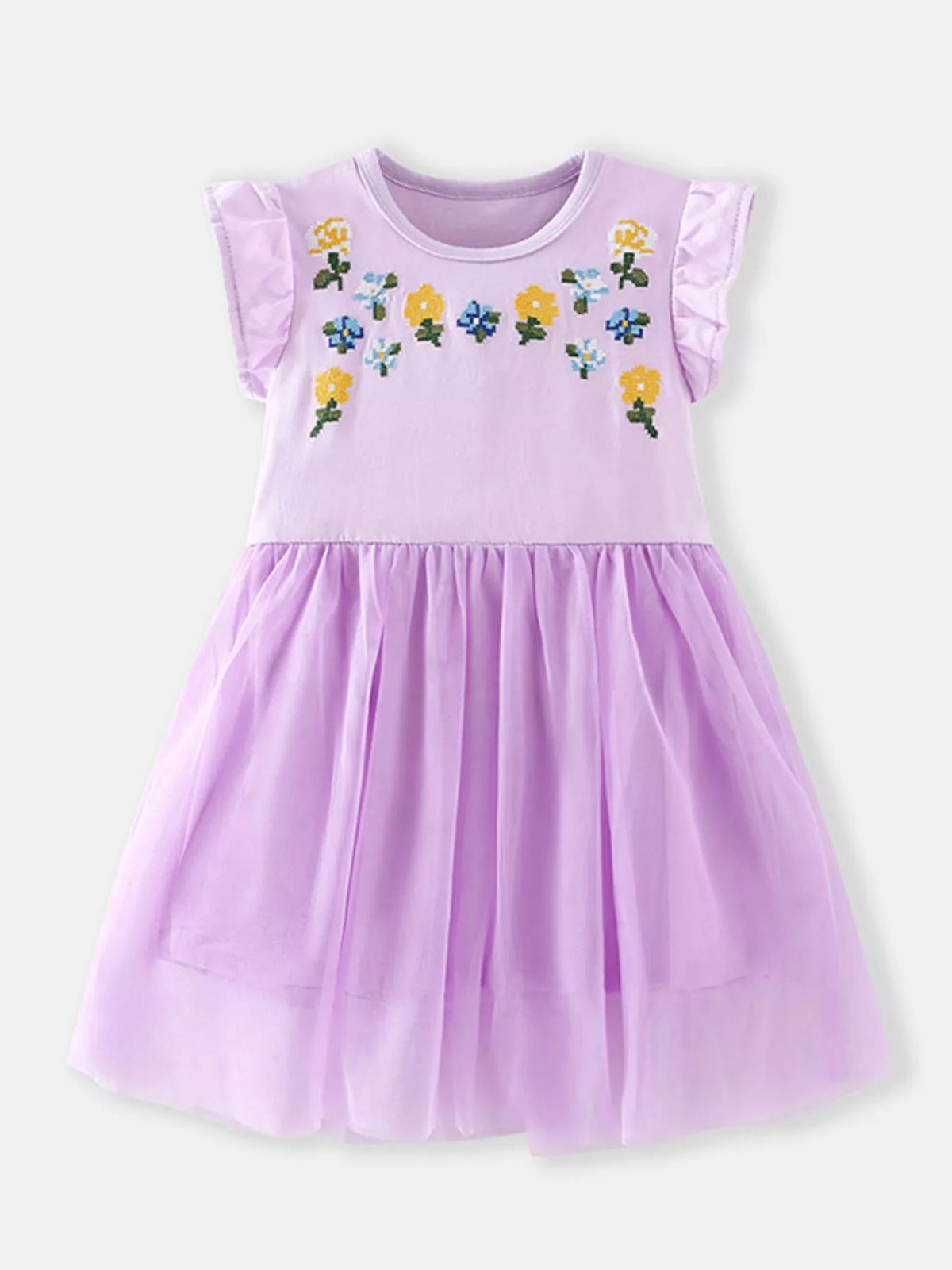 Lavender Ruffle Sleeve Floral Tulle Dress — front view