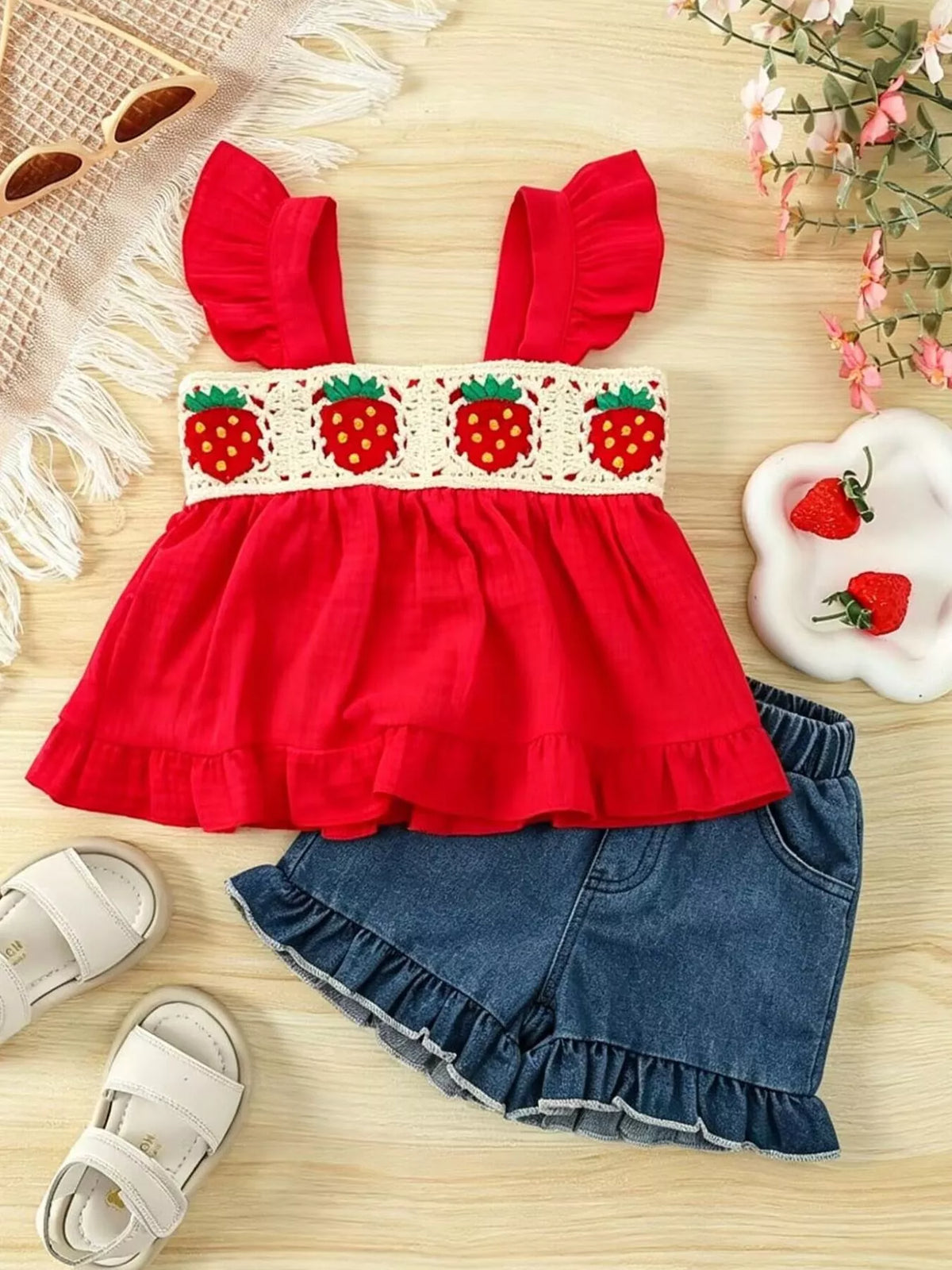 Red strawberry crochet-trim top with ruffled denim shorts laid flat