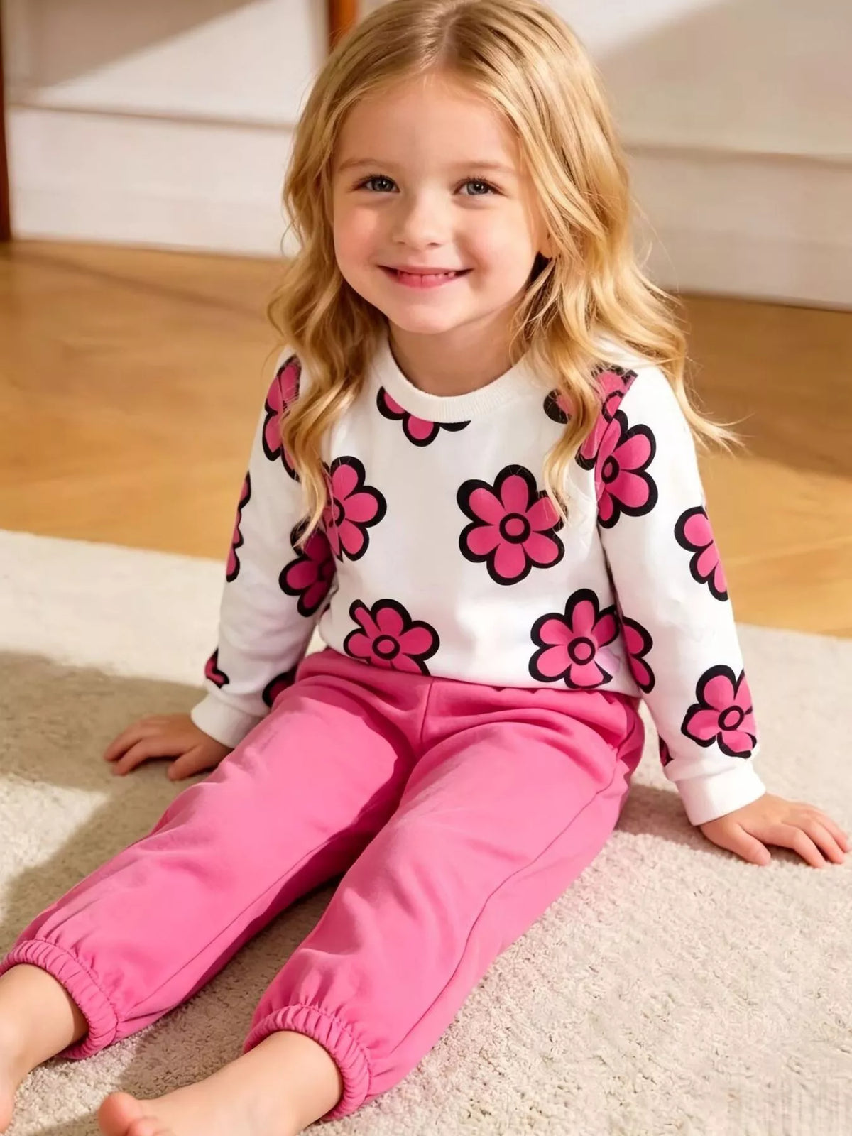 Floral sweatshirt and joggers set — pink outfit shown on child