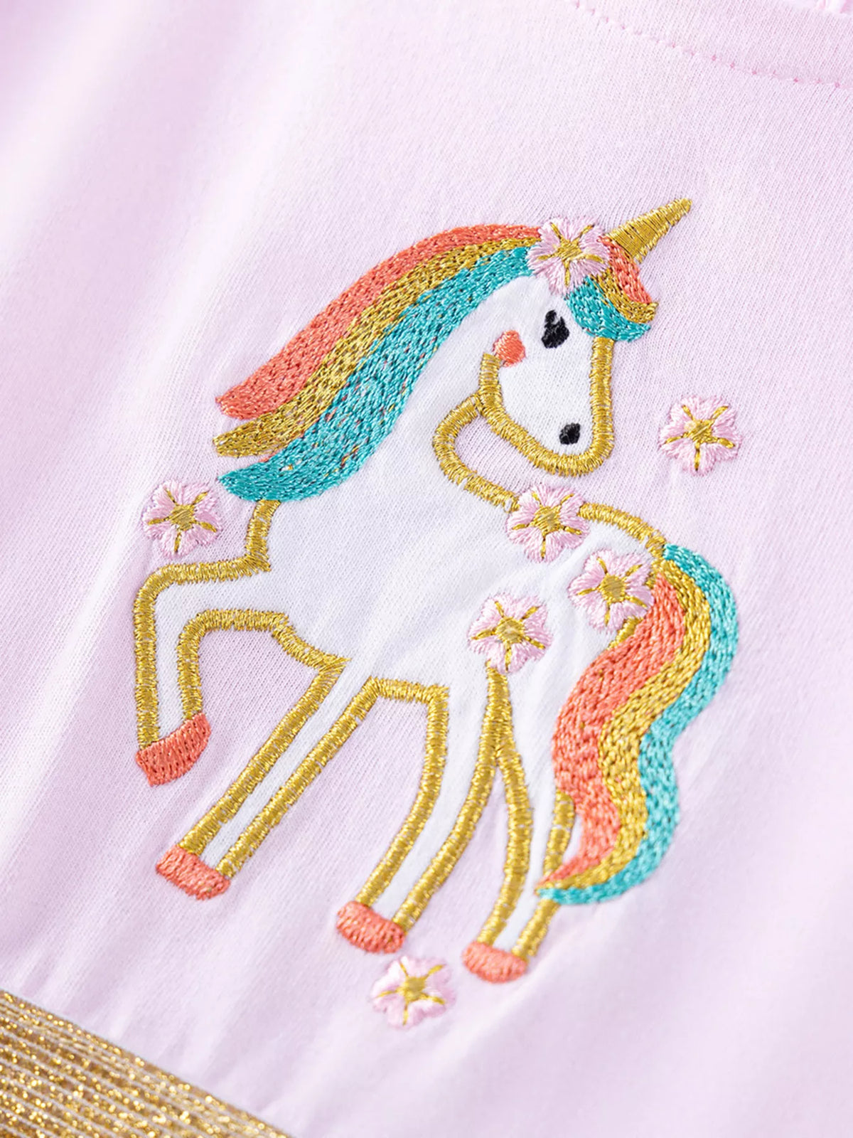 Unicorn embroidery with colorful mane and gold accents