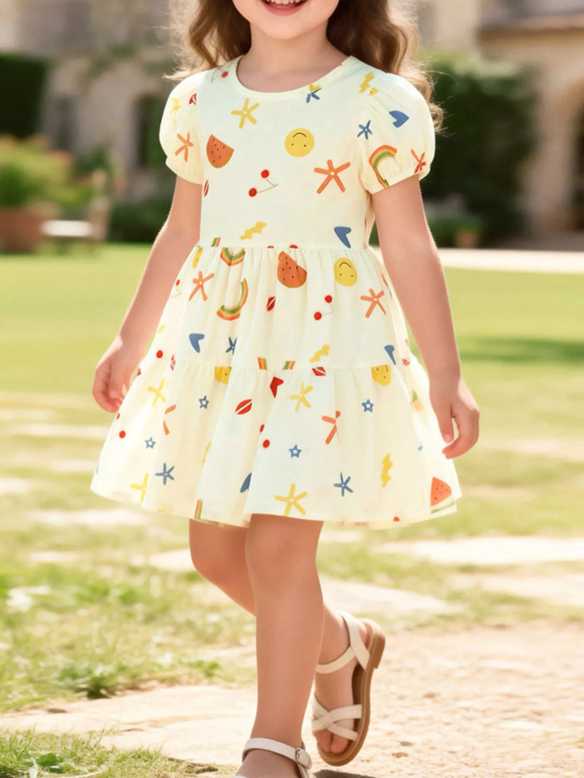 Pale yellow printed tiered dress with puff sleeves on a child