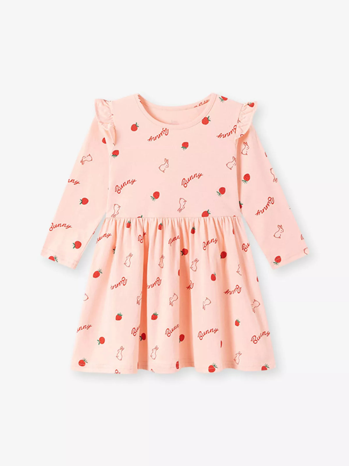 Peach strawberry-and-bunny ruffle-shoulder long-sleeve dress laid flat