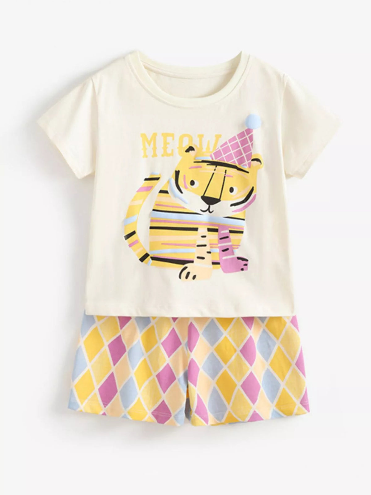 Cream tiger-graphic tee with pastel diamond-print shorts laid flat