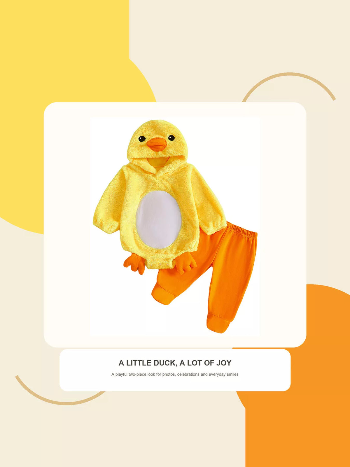 Product card showing the duck bodysuit and orange footed pants