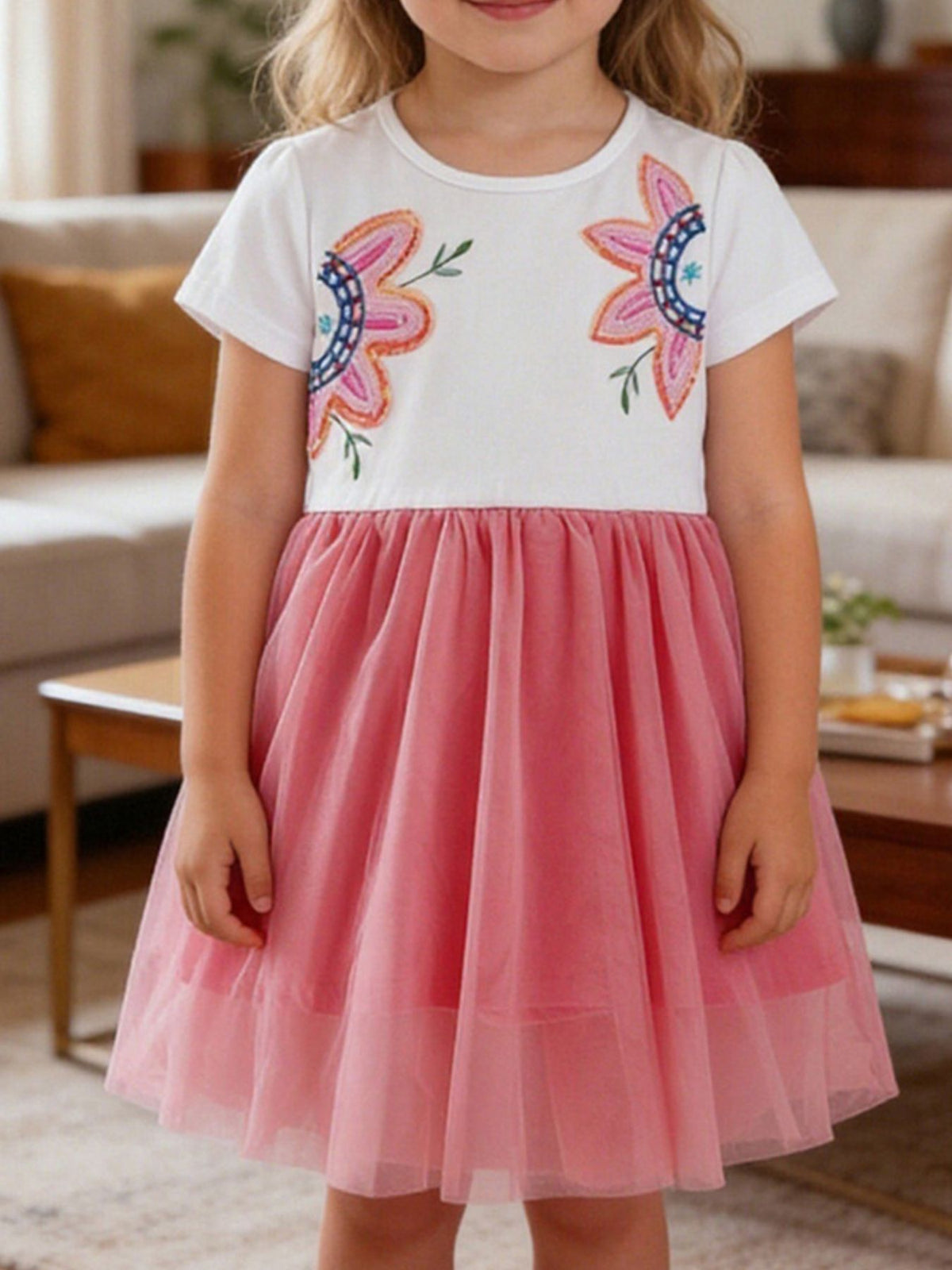 Sequin Flower Coral Tulle Dress — dress worn by a child