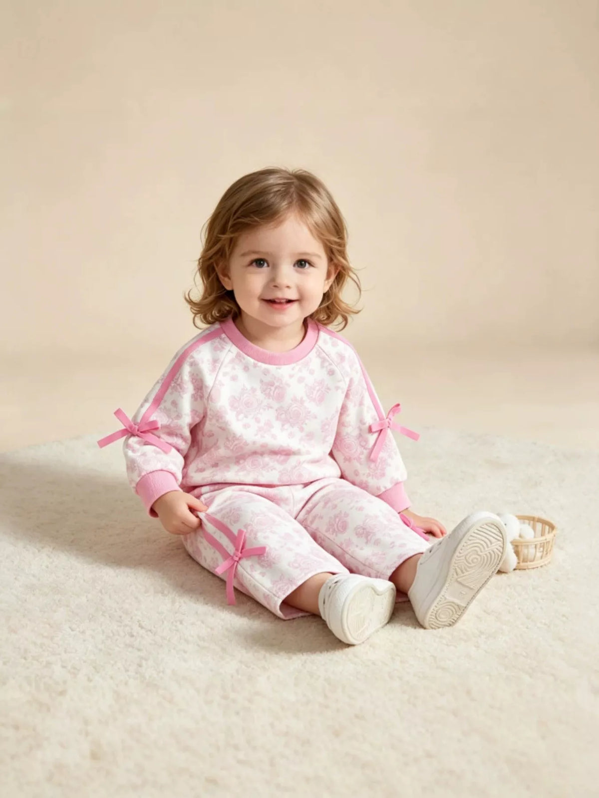 Pink floral outfit on a child seated on the floor