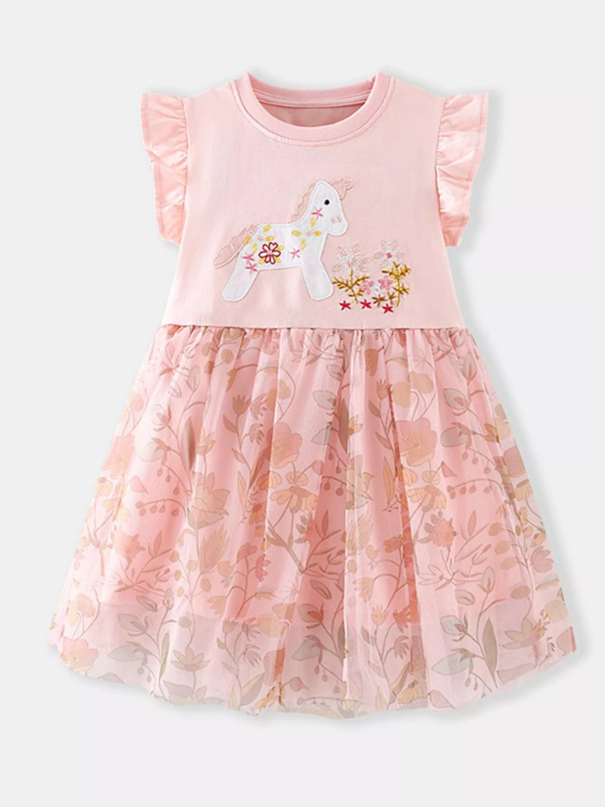 Pink Unicorn Floral Ruffle Sleeve Dress — front view