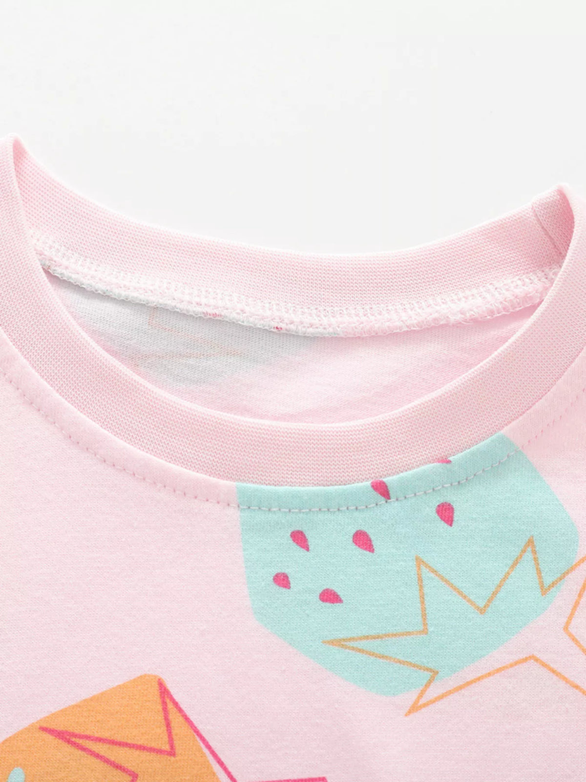 Pink multicolor strawberry print shirt — round neckline