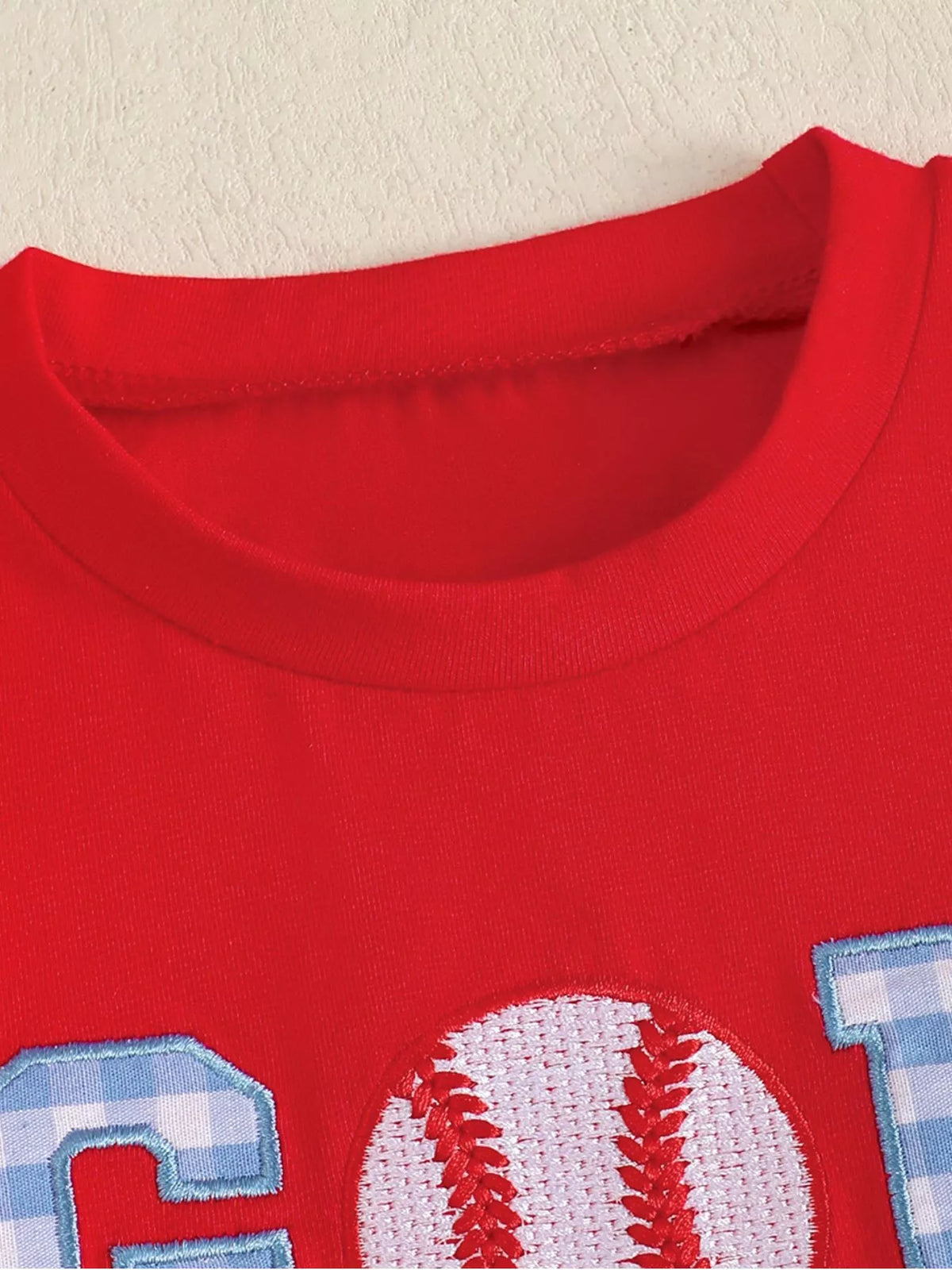 Red God is good baseball tee and gingham shorts — round neckline