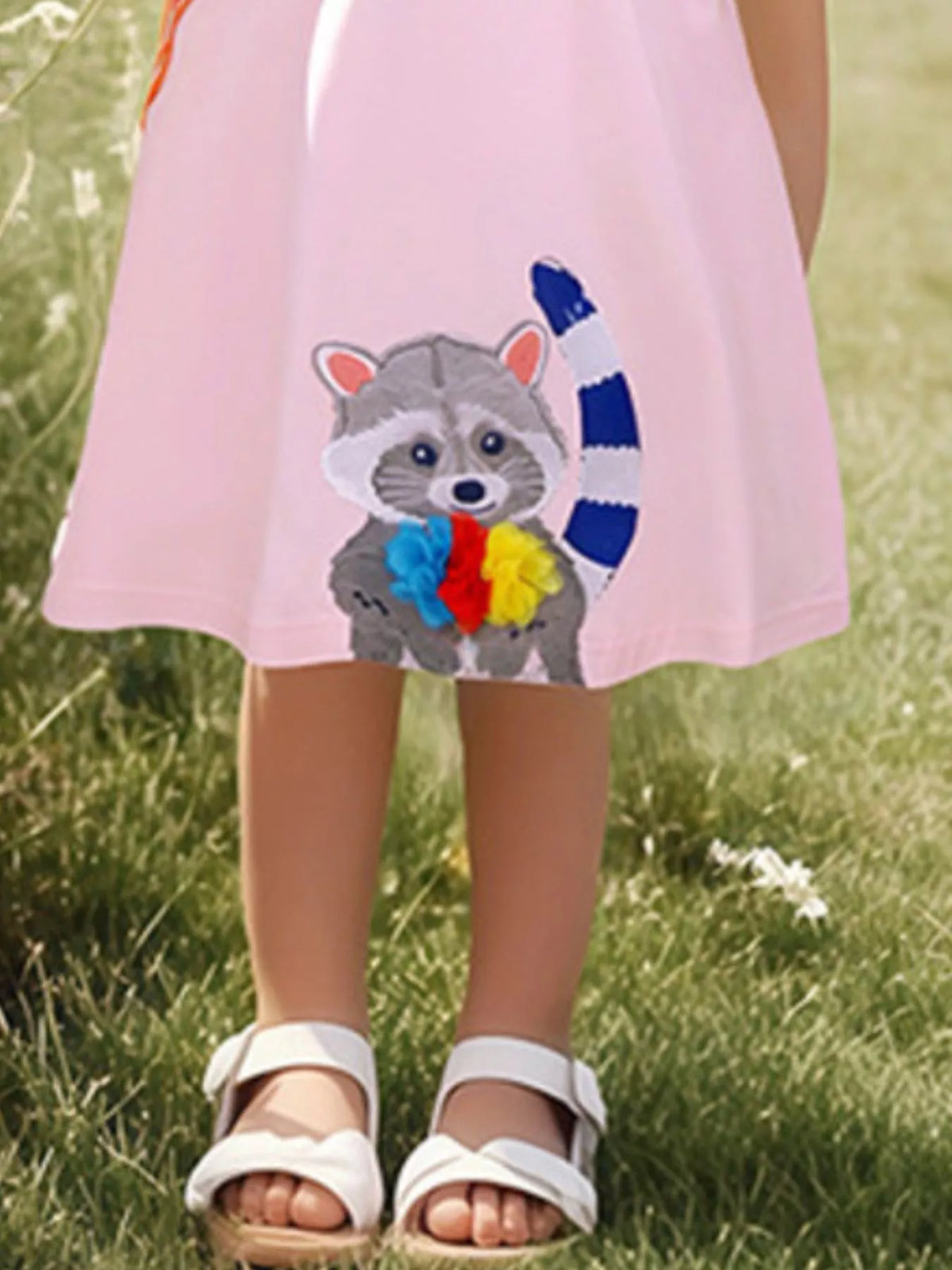 Woodland Animal Applique Cotton Dress — raccoon applique on pink dress