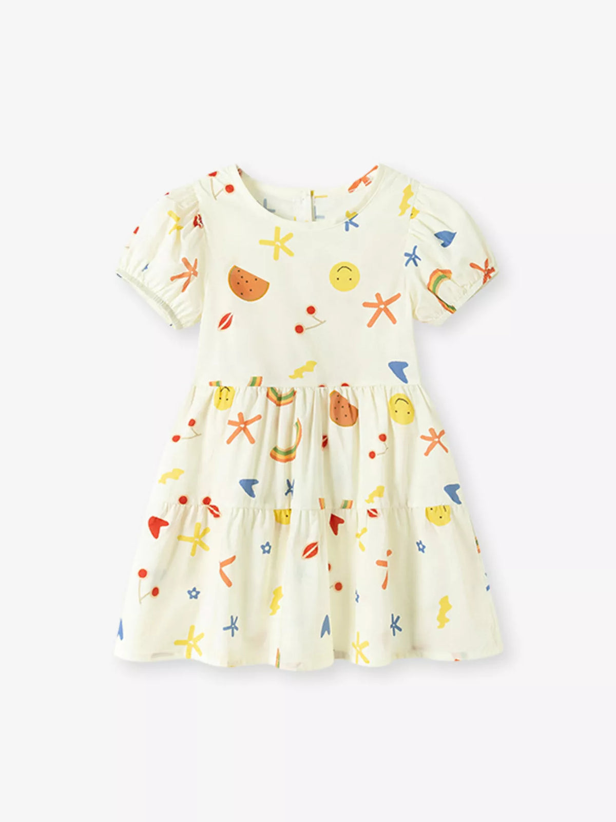 Pale yellow printed tiered dress with puff sleeves laid flat