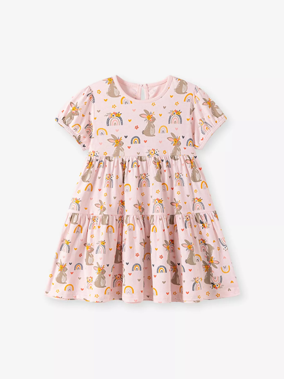 Pink bunny-and-rainbow tiered short-sleeve dress laid flat