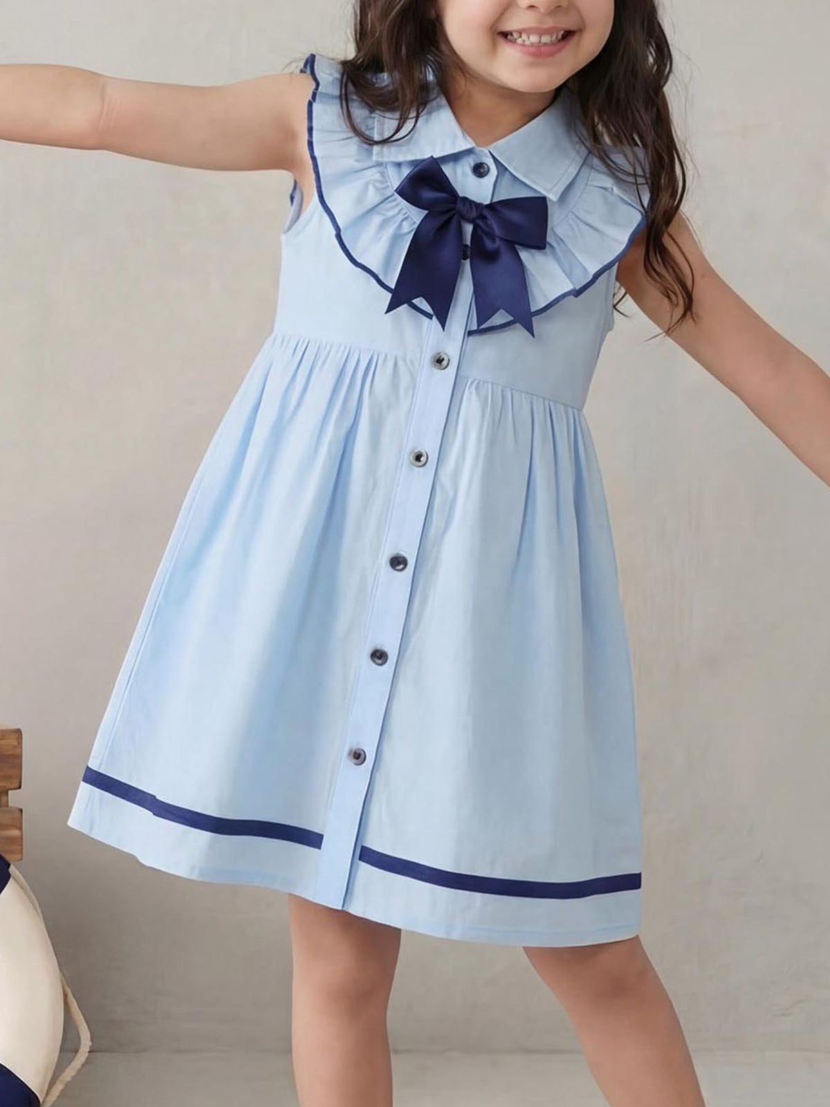 Blue Bow Collar Button-Front Dress — dress worn by a child