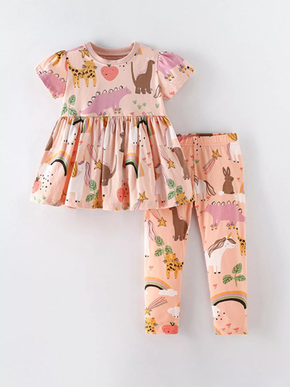 Peach dinosaur rainbow peplum top and leggings set — outfit front laid flat